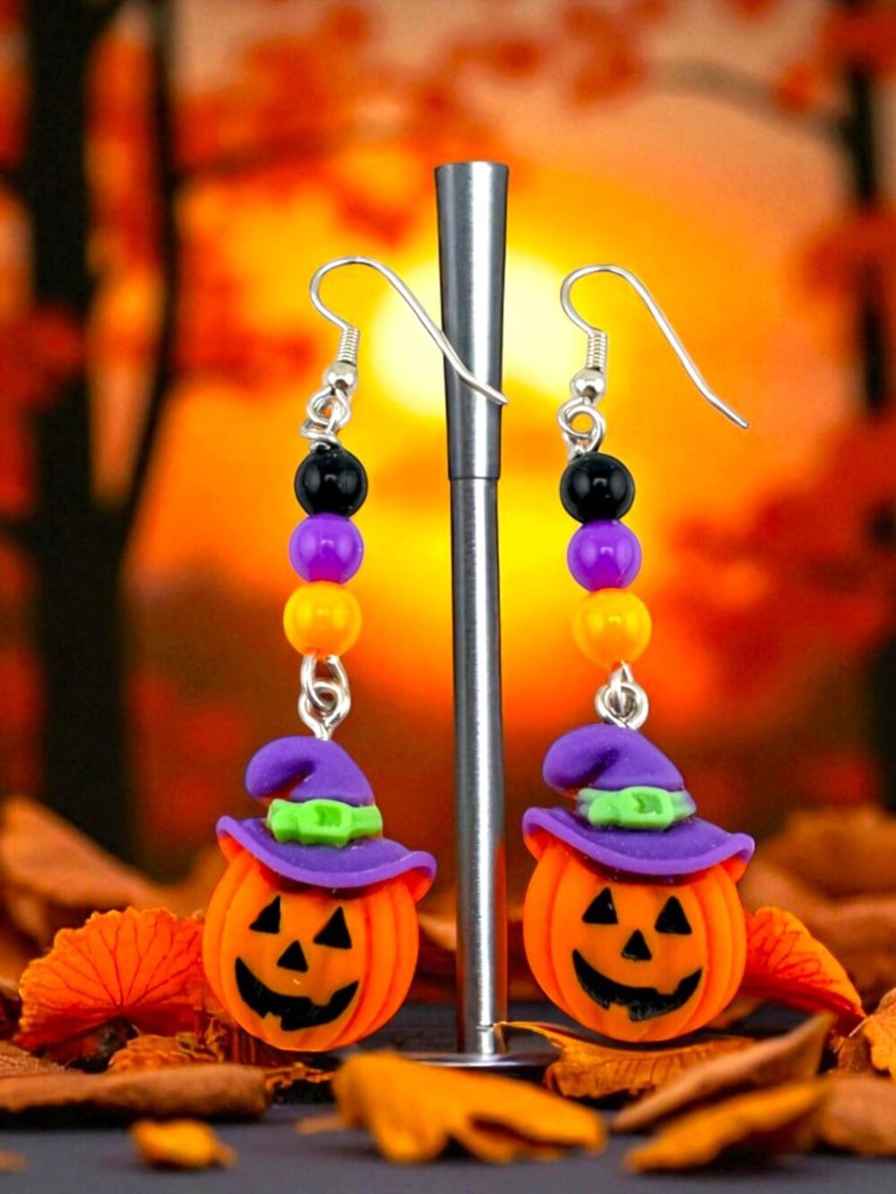 Happy Halloween Pumpkin Earrings Witch Hat Jack O Lantern Beaded Dangle 3"
